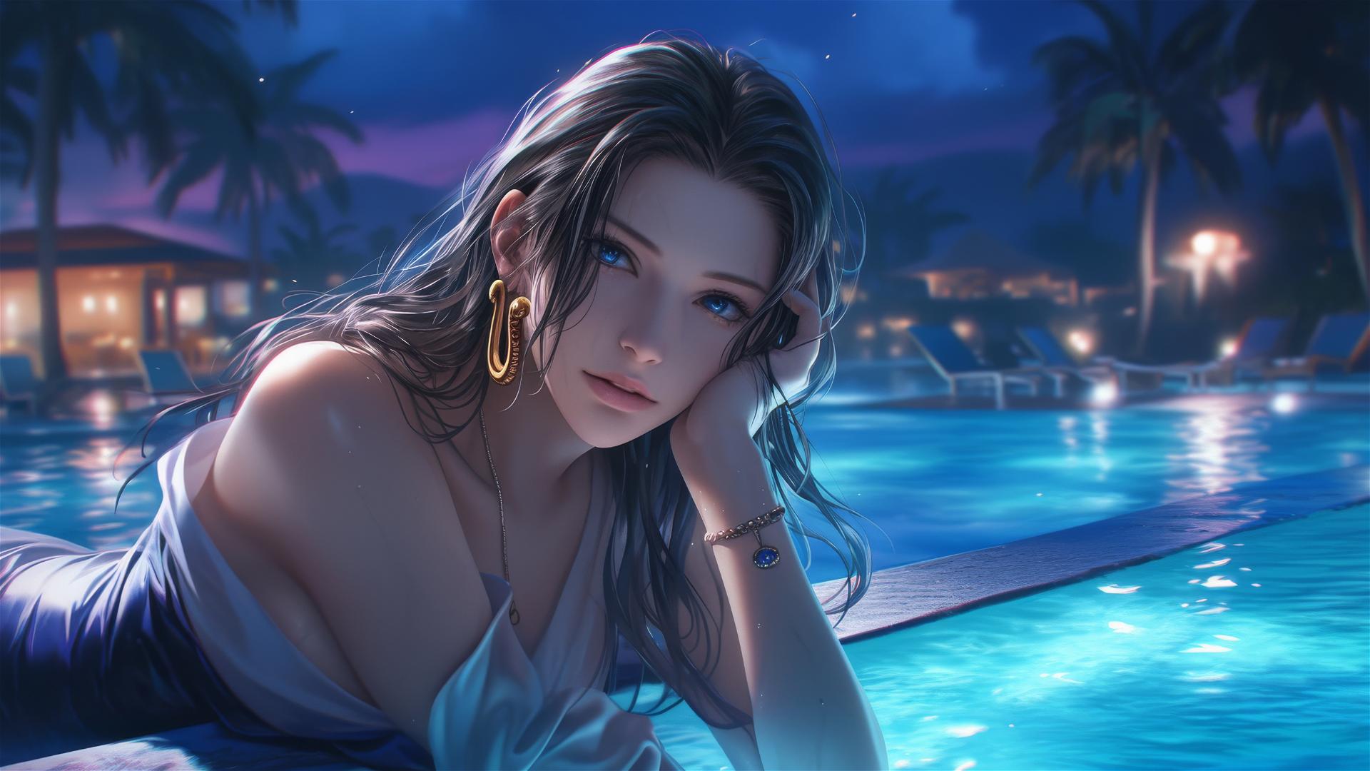 Boa Hancock from One Piece resting by the pool under moonlight