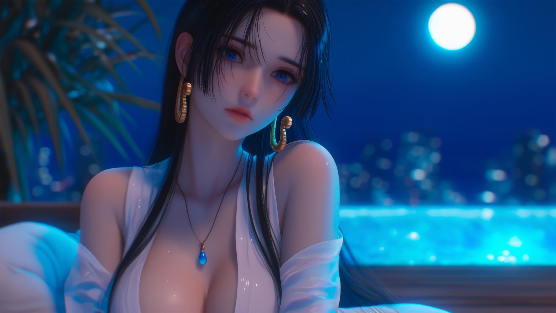 Boa Hancock from One Piece resting in apartment under moonlight, short hair