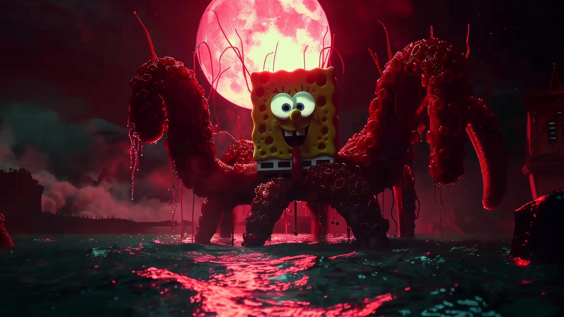 SpongeBob SquarePants with giant tentacle in glowing red ocean at night