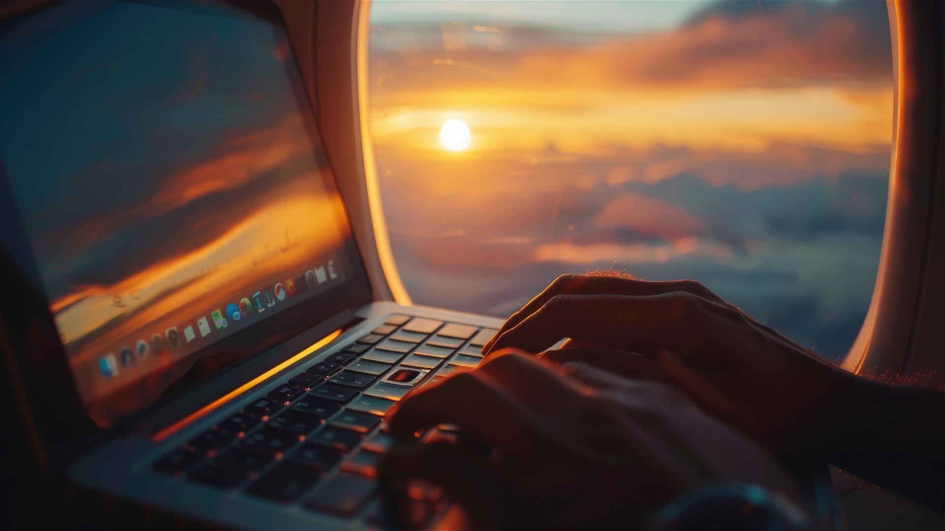 Hand on laptop seen through airplane window in black and gold theme, cinematic scene