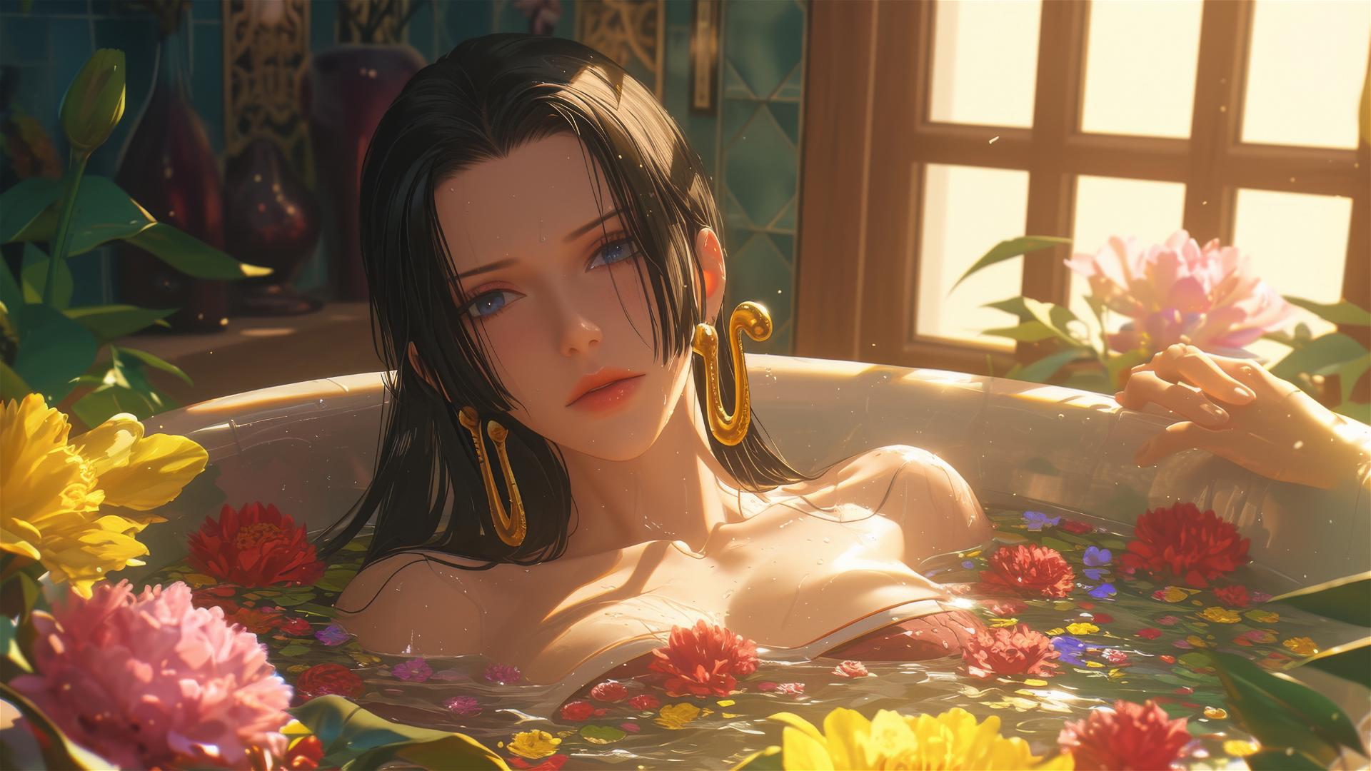 Boa Hancock from One Piece in a flower-filled tub in a Chinese spa