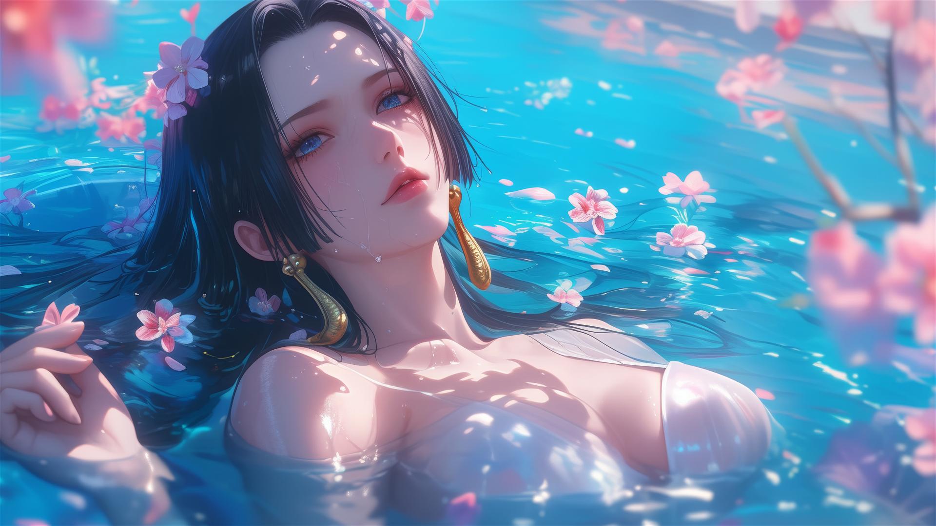 Boa Hancock in a flower-filled tub, inside a Chinese spa