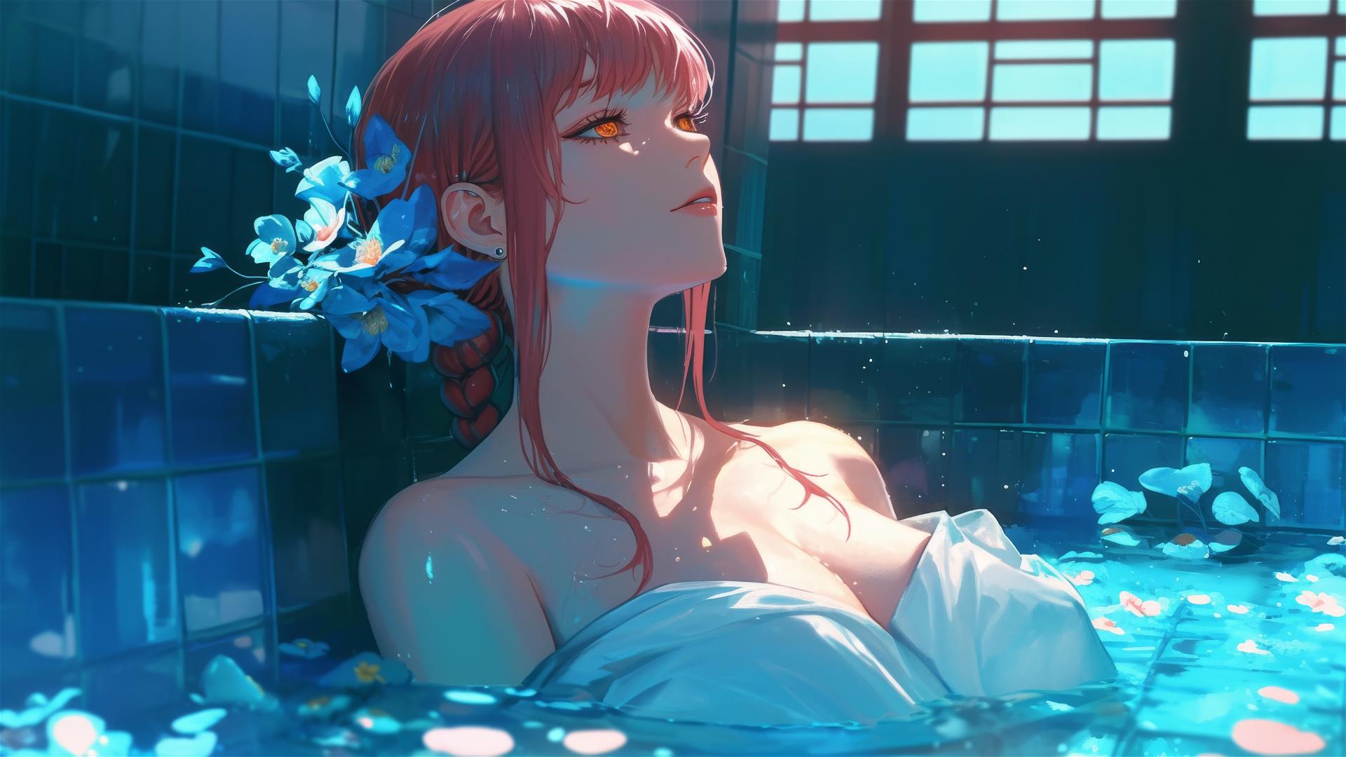 Makima from Chainsaw Man in a flower-filled tub, Chinese spa.