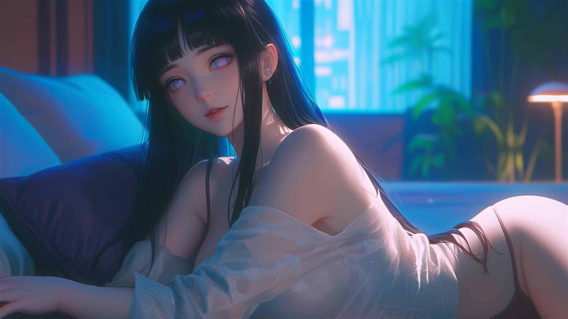 Hinata Hyuga resting at a modern hotel with warm light casting a glow