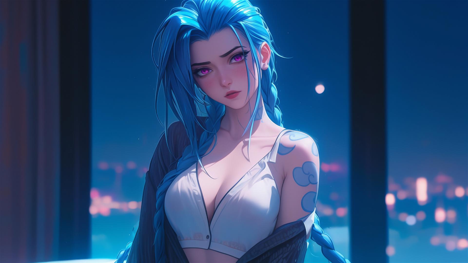 Jinx from League of Legends in silk pajamas, bathed in moonlight