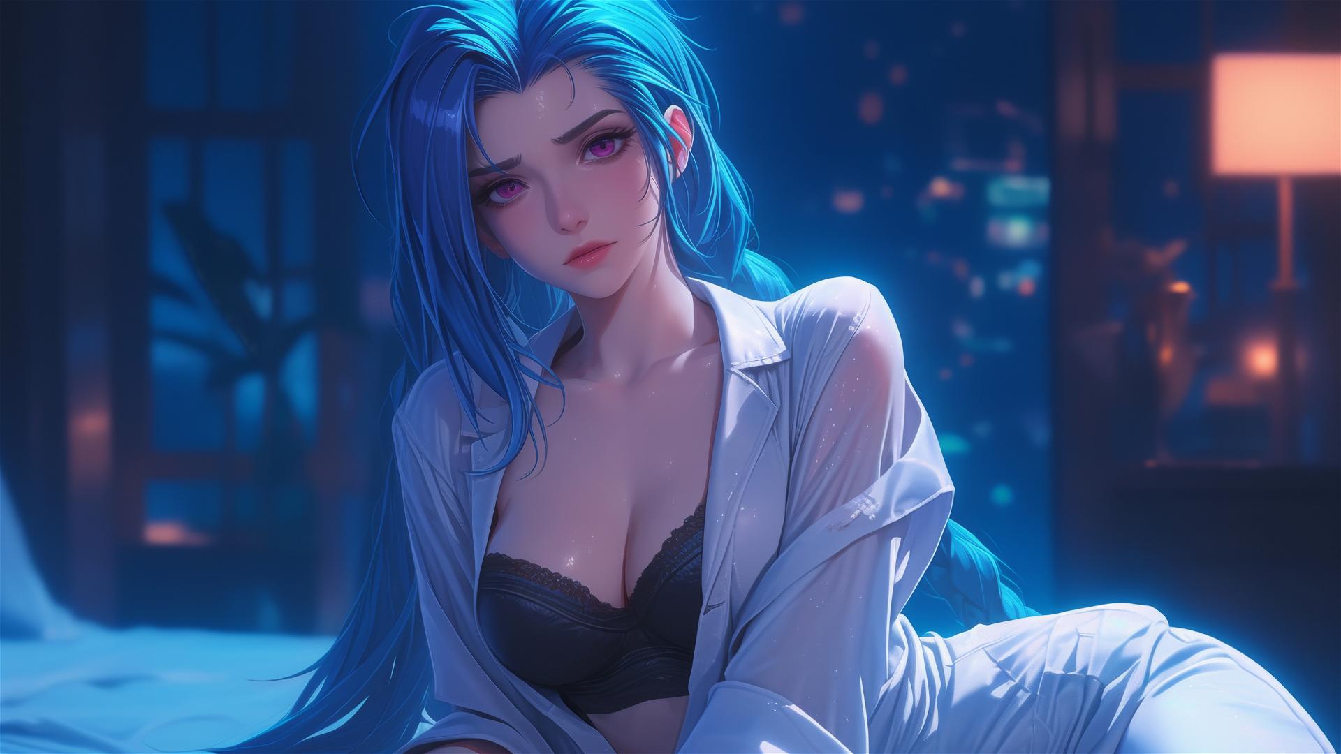 Jinx from League of Legends sitting in moonlit apartment