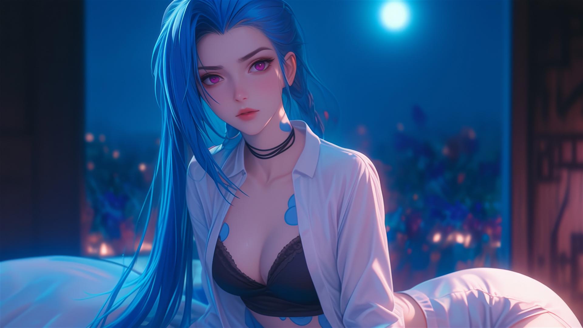 Jinx from League of Legends sitting in an apartment, illuminated by moonlight.