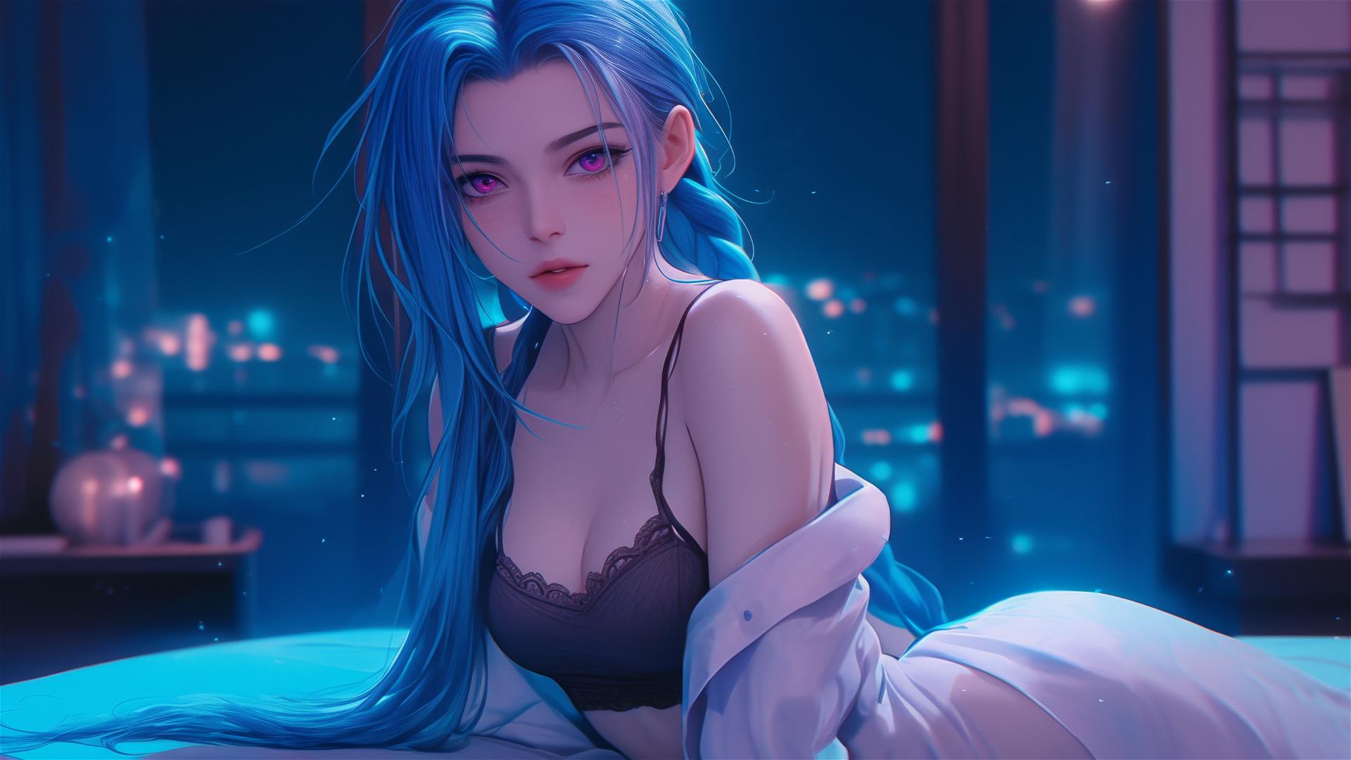 Jinx from League of Legends resting in moonlight, in silk pajamas