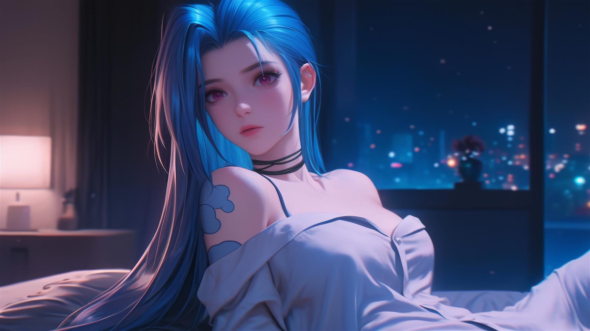 Jinx from League of Legends resting in an apartment, moonlight glow, pink eyes, blue hair, silk pajamas.