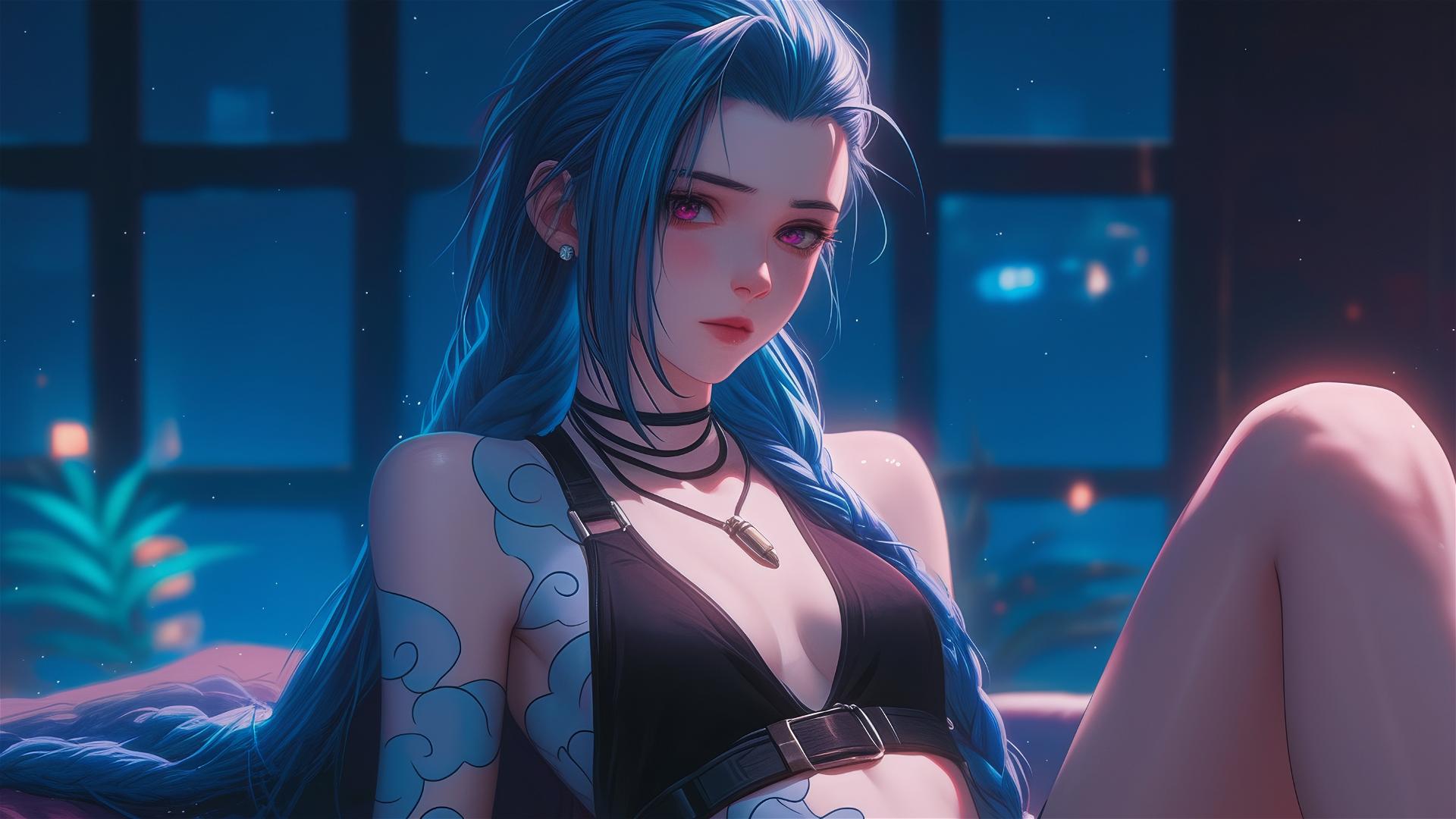 Jinx from League of Legends resting in an apartment under moonlight