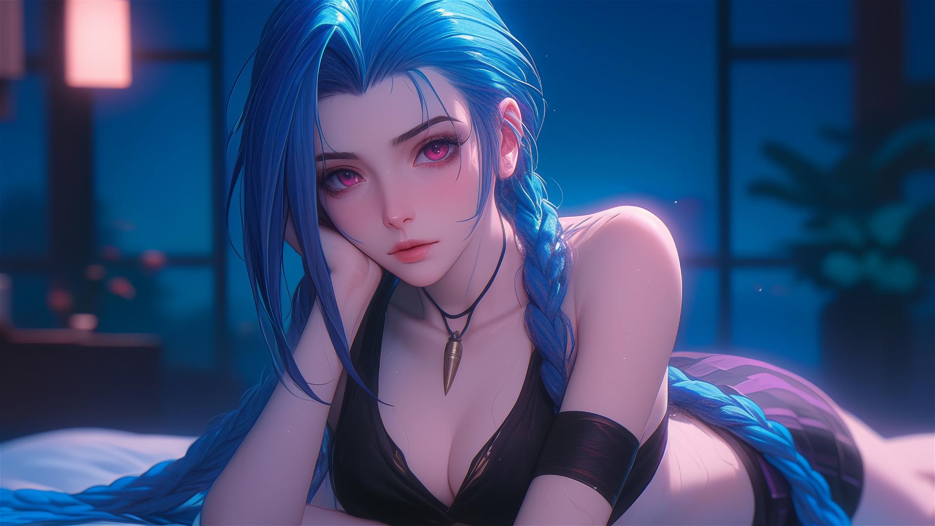 Jinx from League of Legends resting in an apartment with moonlight glow, pink eyes, blue hair