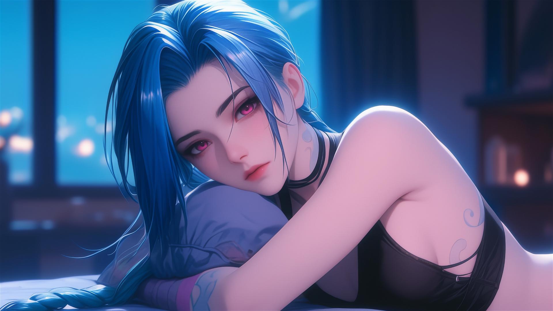 Jinx from League of Legends resting in an apartment with moonlight on her