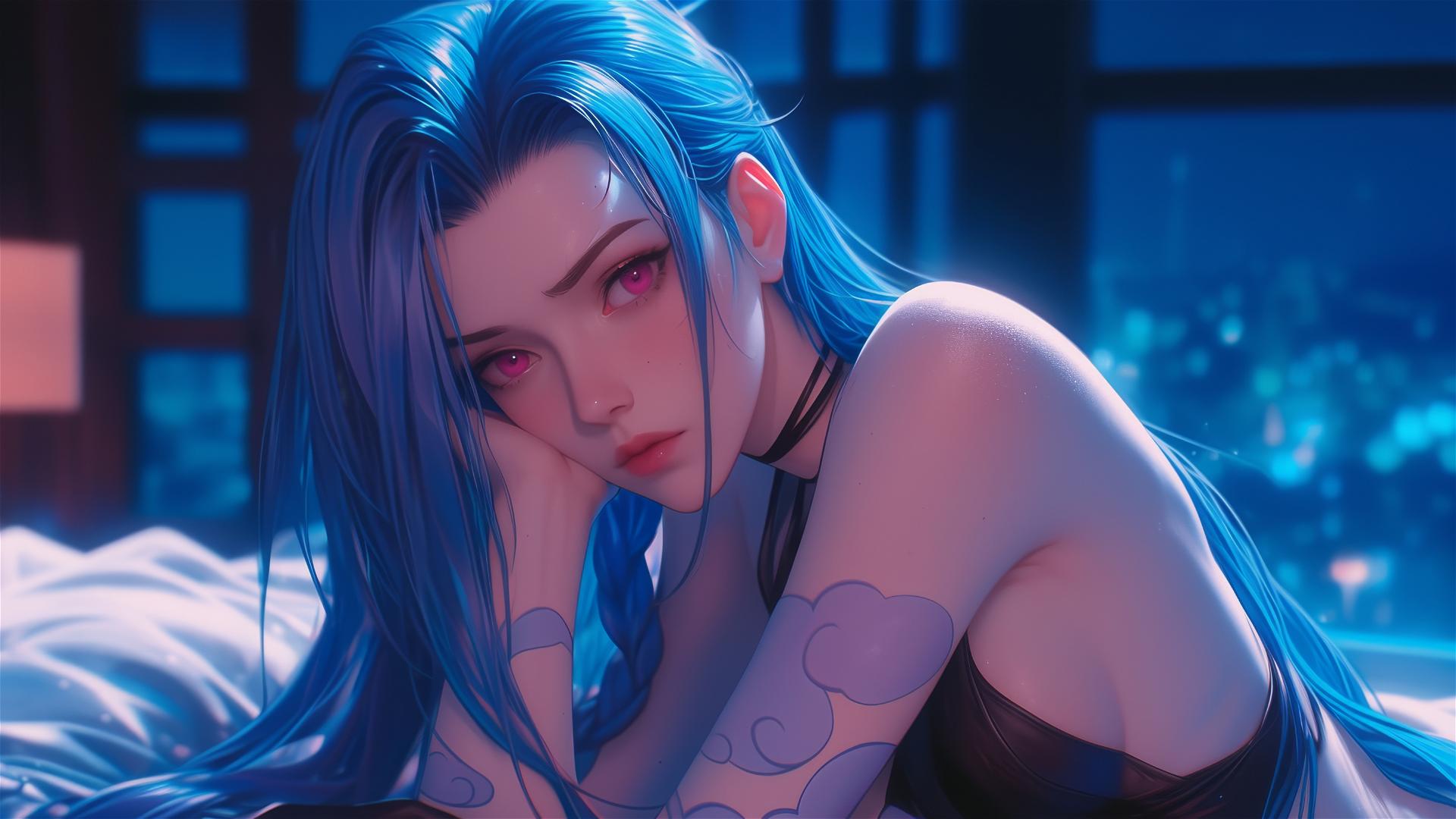 Jinx from League of Legends resting in apartment with moonlight, pink eyes, blue hair