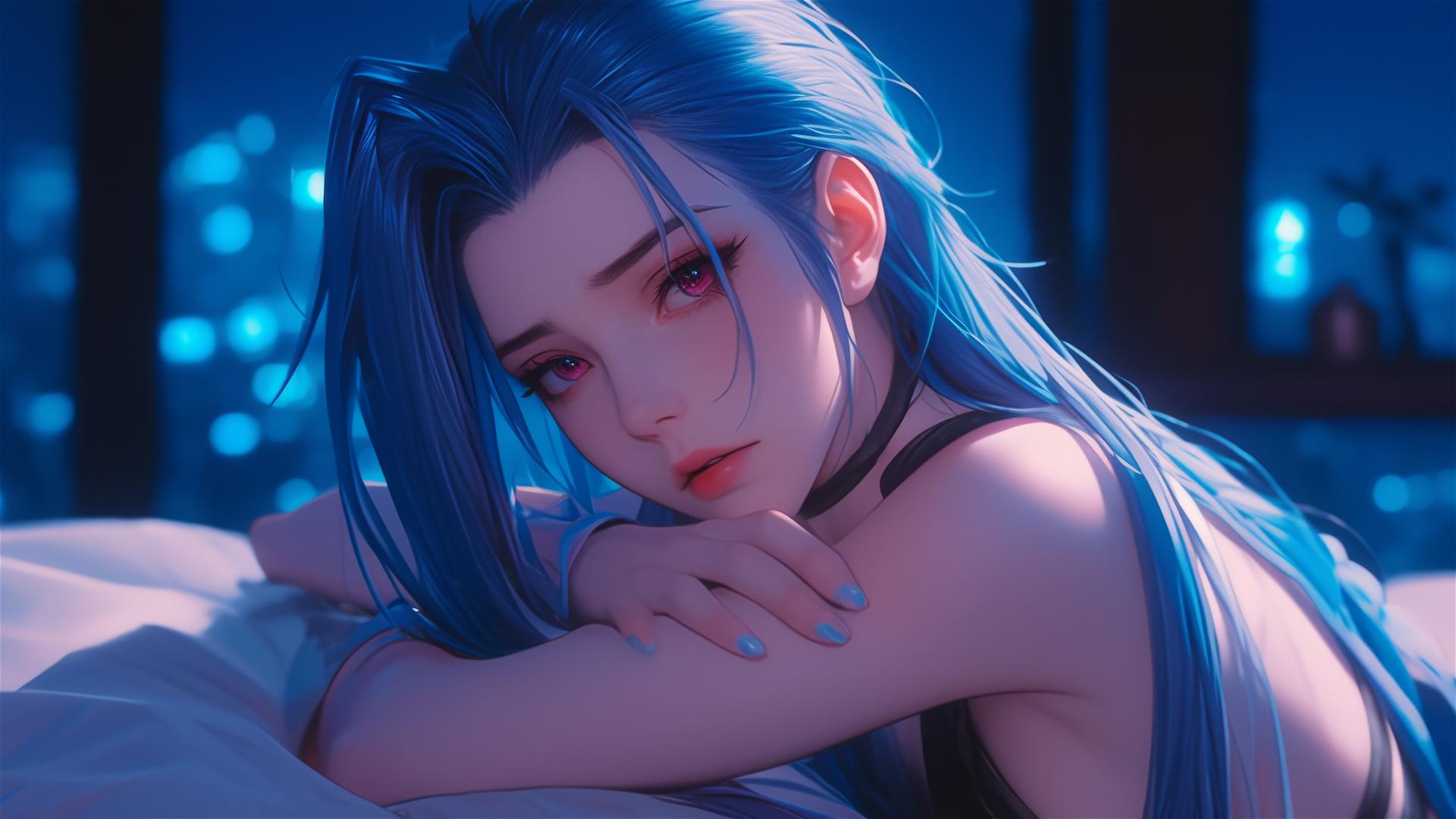 Jinx from League of Legends resting in an apartment with moonlight glow.