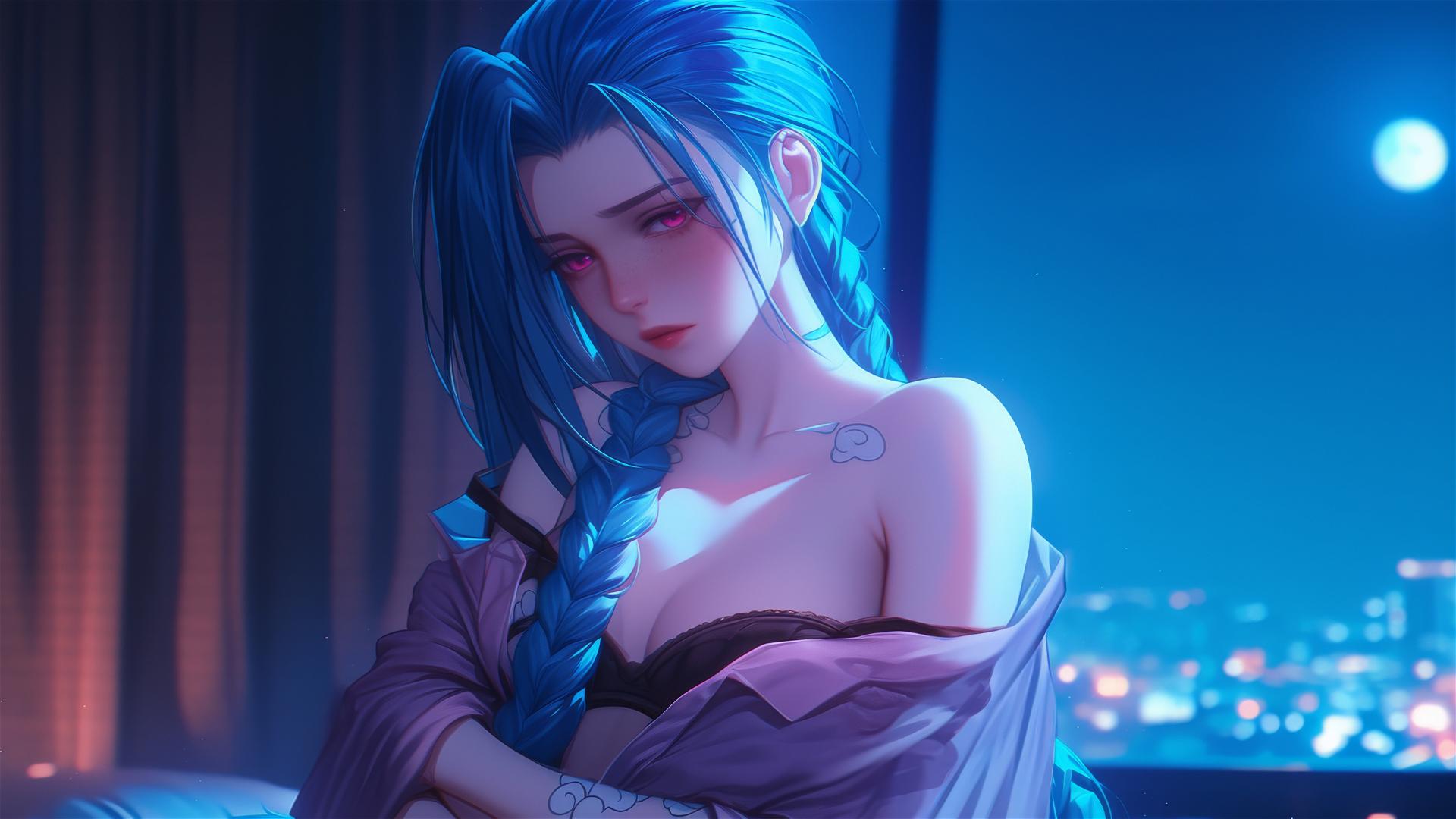 Jinx from League of Legends in silk pajamas with blue hair and pink eyes standing in moonlit apartment