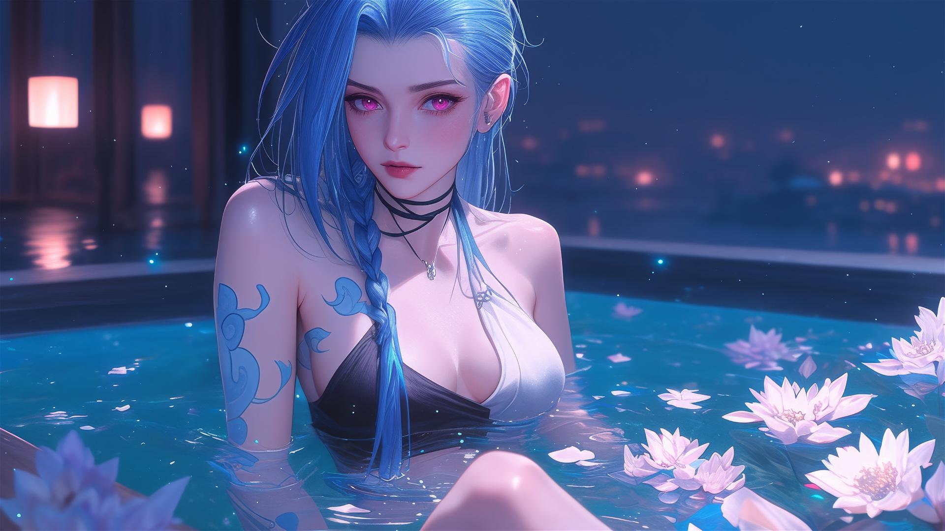 Jinx from League of Legends in a flower-filled tub at a Chinese spa, pink eyes, blue hair
