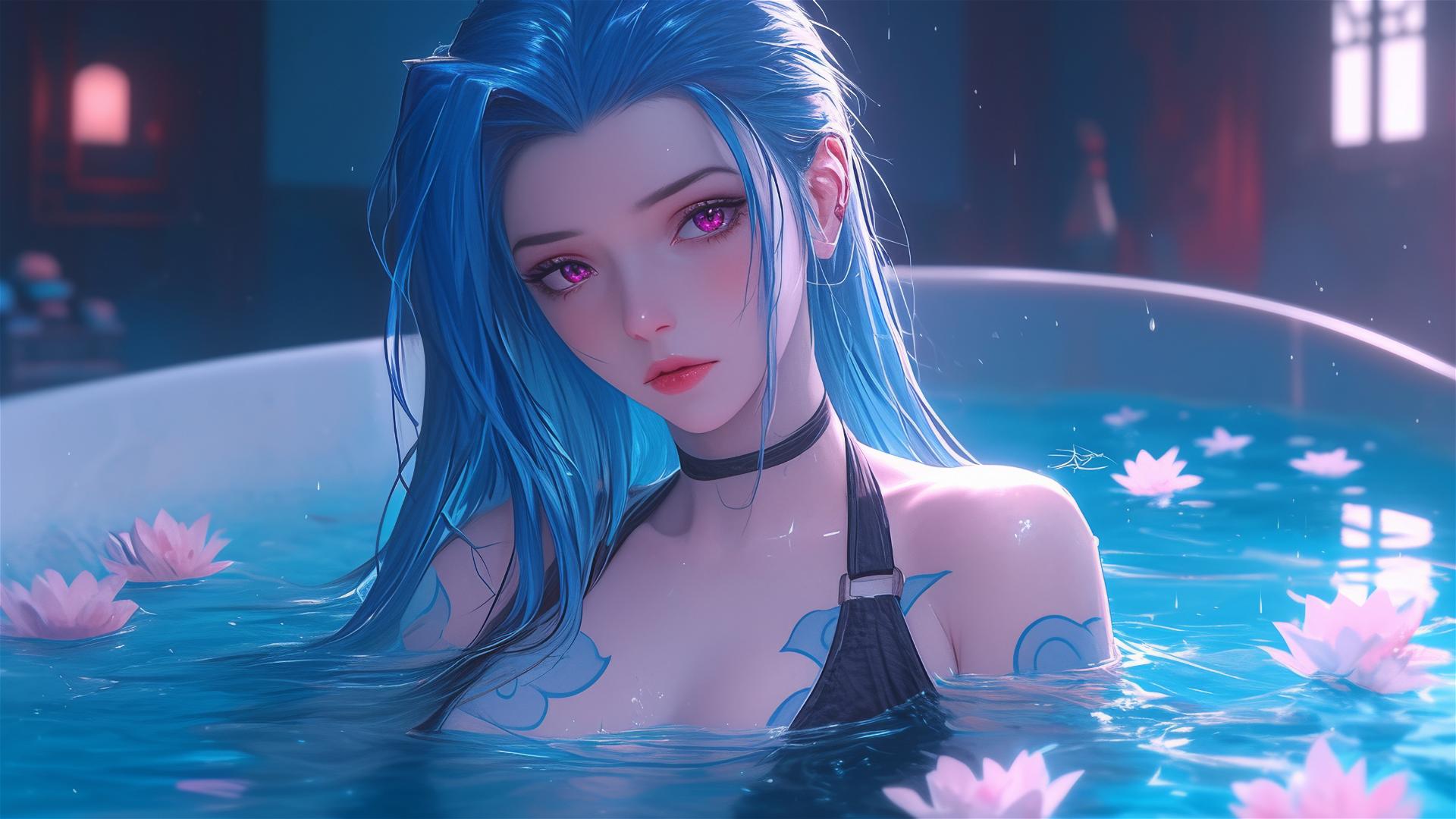 full body shot of Jinx from League of Legends in tub full of flowers at Chinese spa, pink eyes, blue hair.