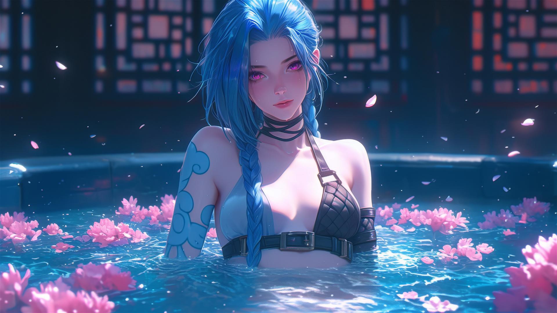 Jinx from League of Legends in a flower-filled tub at a Chinese spa