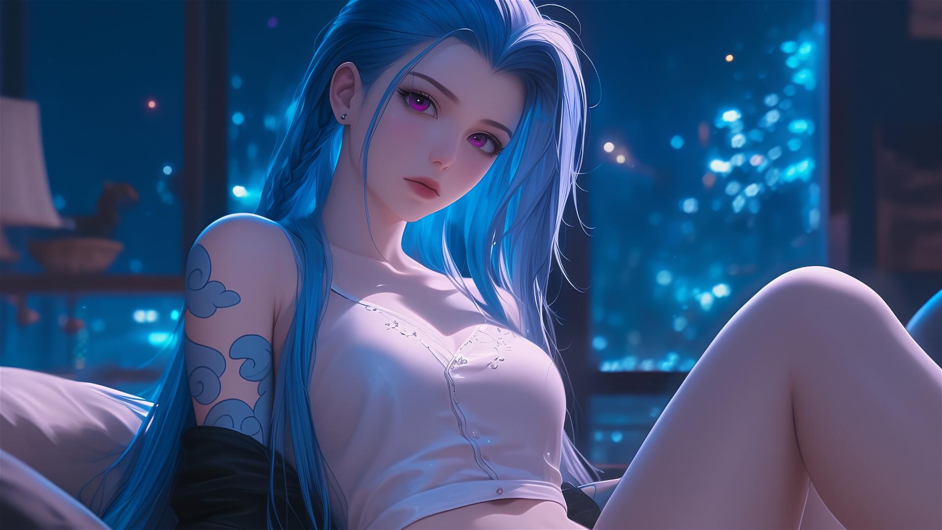 Jinx from League of Legends sitting in moonlit apartment with blue hair and silk pajamas