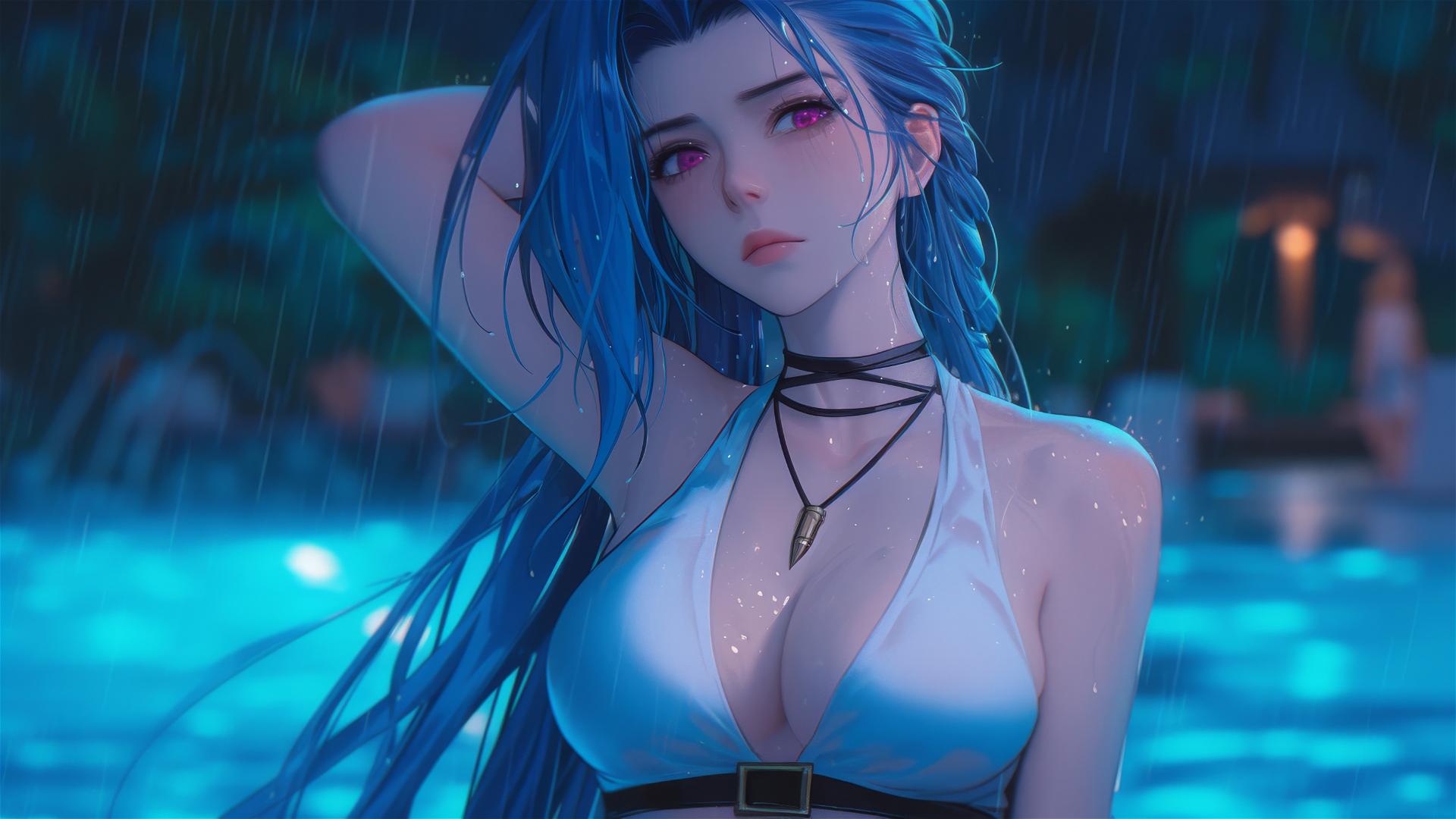 Jinx from League of Legends resting by a rainy swimming pool with pink eyes.