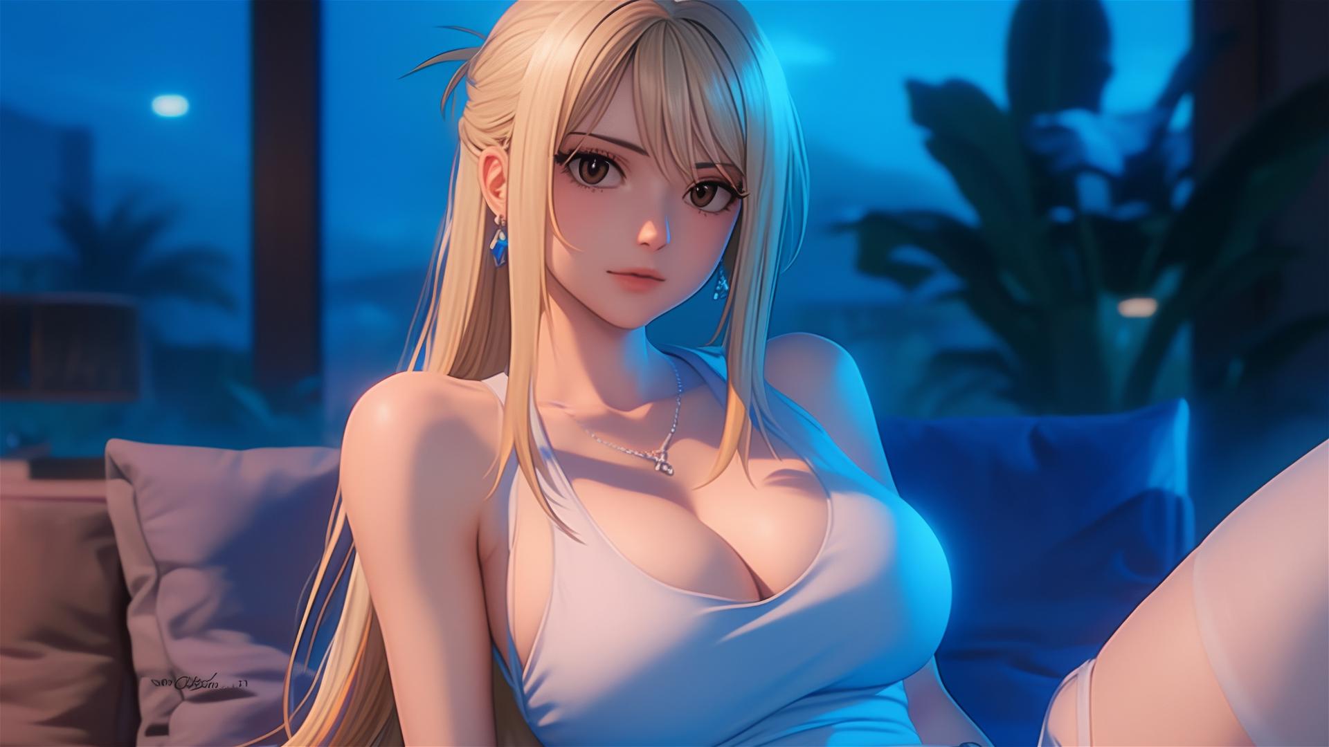 Lucy Heartfilia resting in a modern apartment with moonlight glow