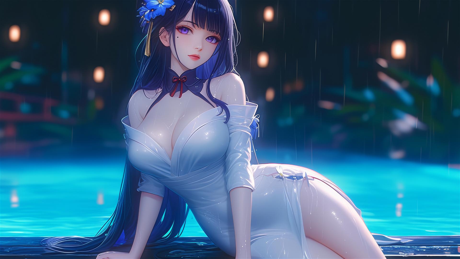 Raiden Shogun resting at a rainy swimming pool under moonlight.