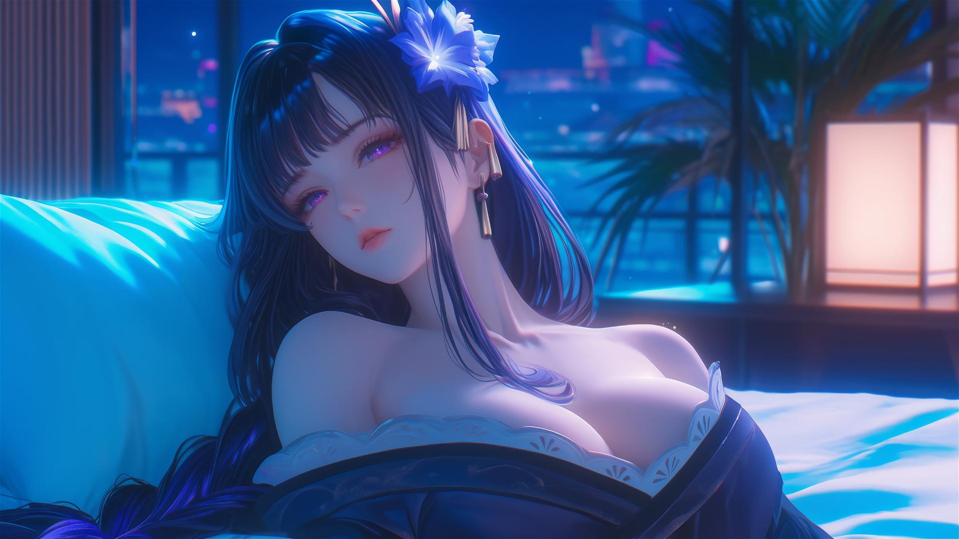 Raiden Shogun from Genshin Impact resting in a modern hotel under moonlight, purple hair and eyes, flower on head.