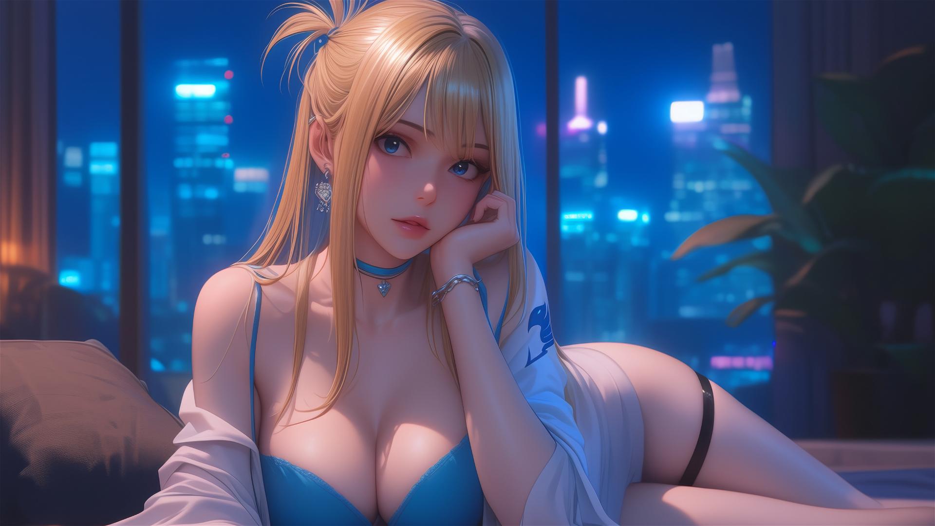 Lucy Heartfilia resting in a modern apartment with moonlight glow
