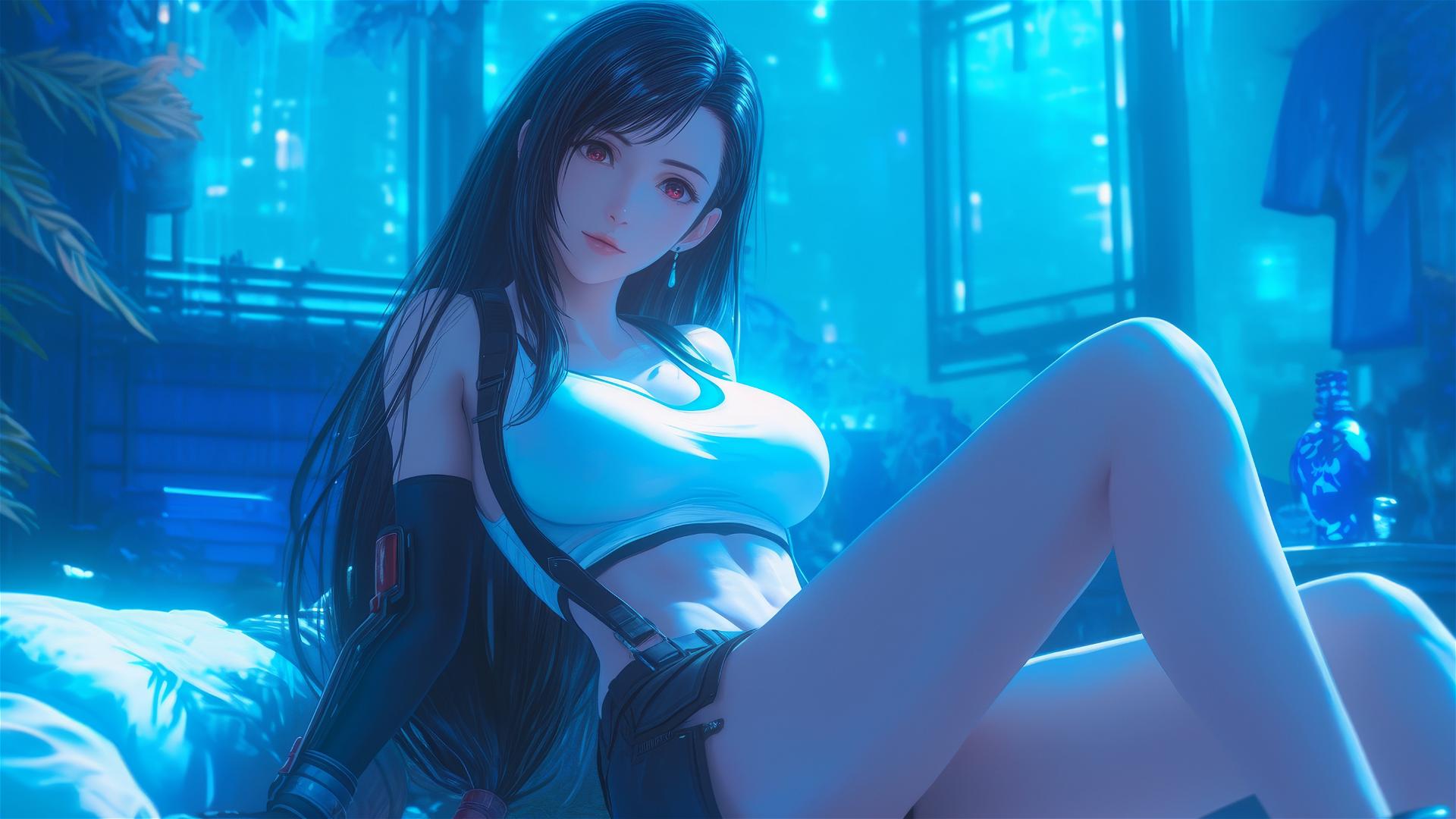 Tifa Lockhart resting in her room with moonlight casting a soft glow