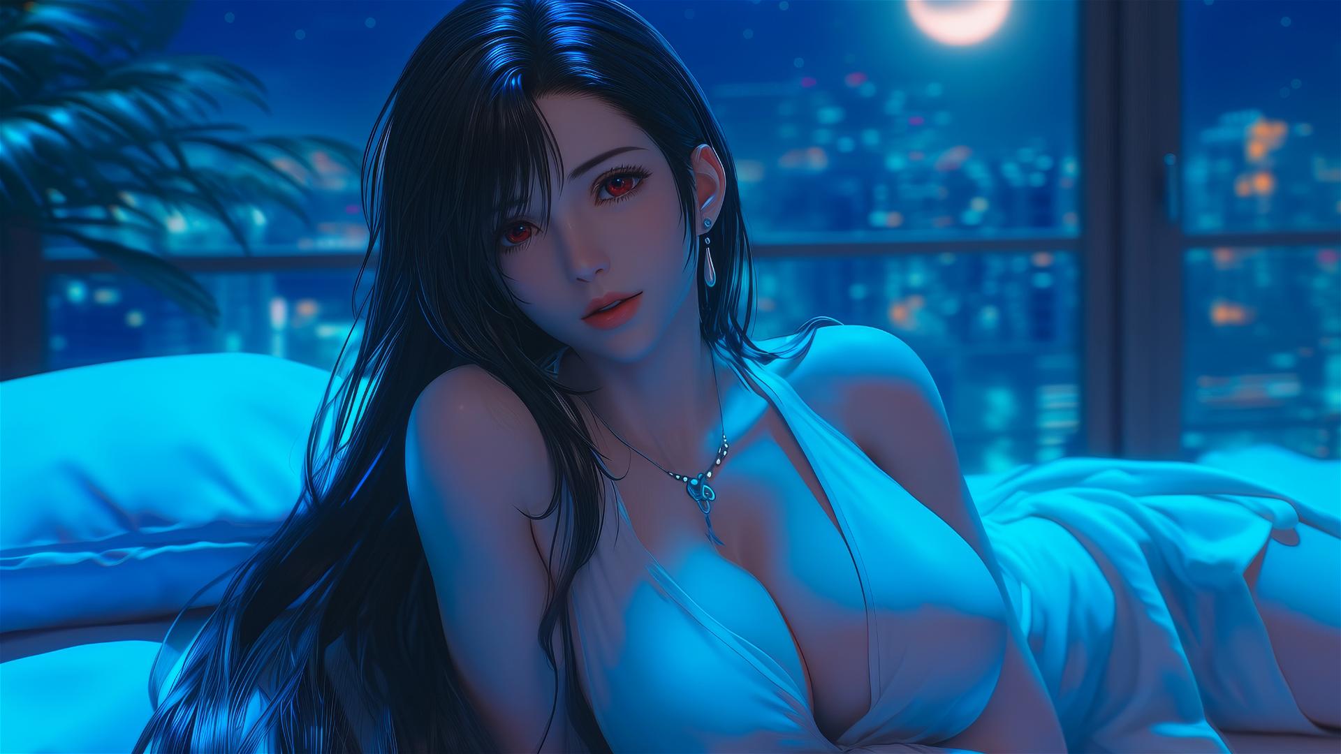 Tifa Lockhart resting in her room with moonlight glow
