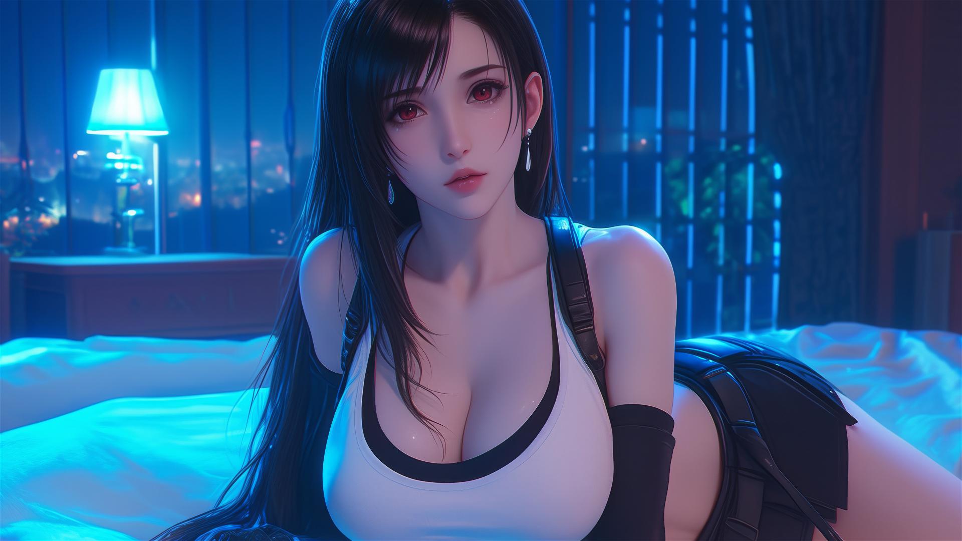 Tifa Lockhart resting in her room under a moonlit glow