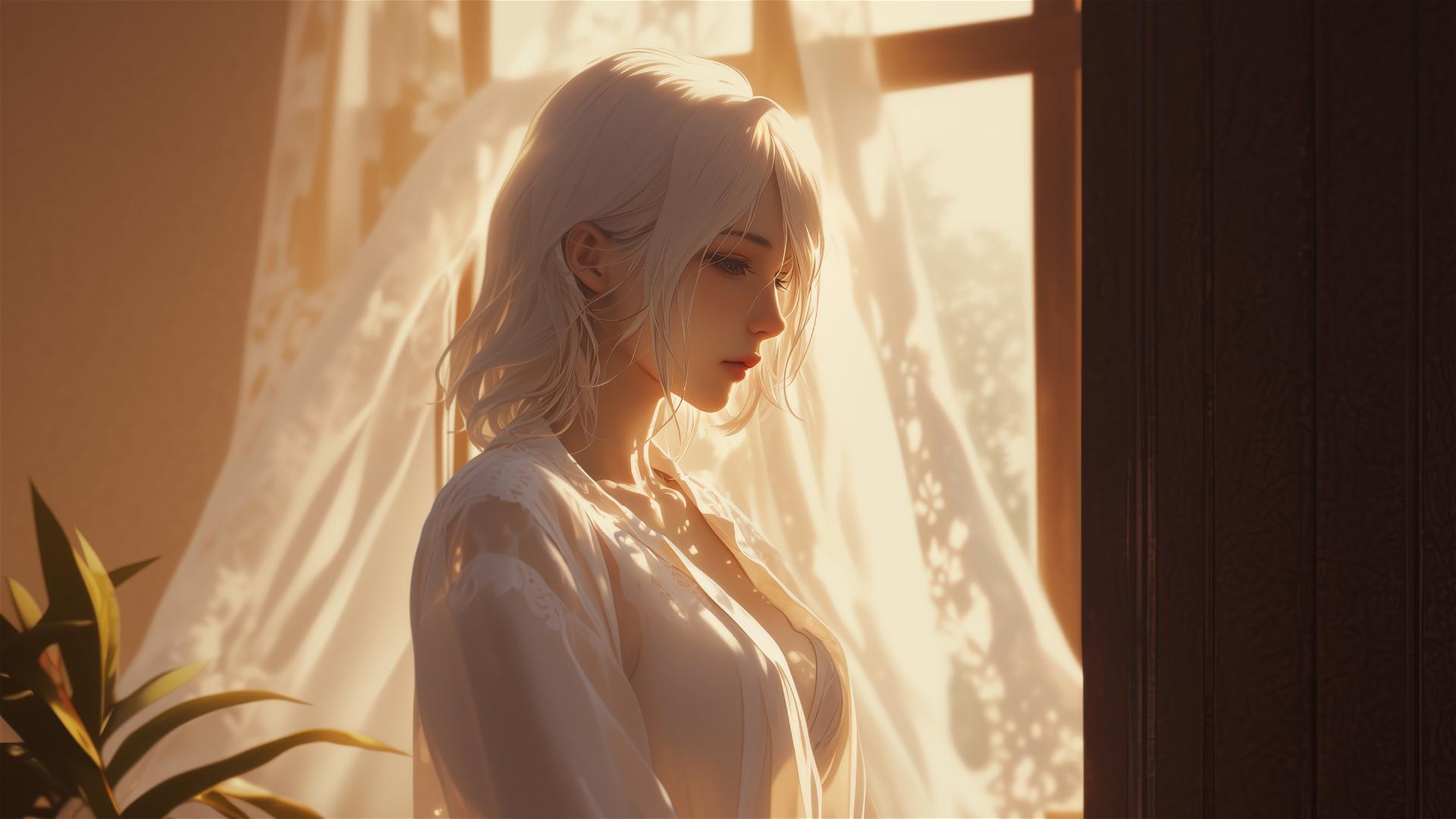 2B from Nier in white silk pajamas by a window at sunrise