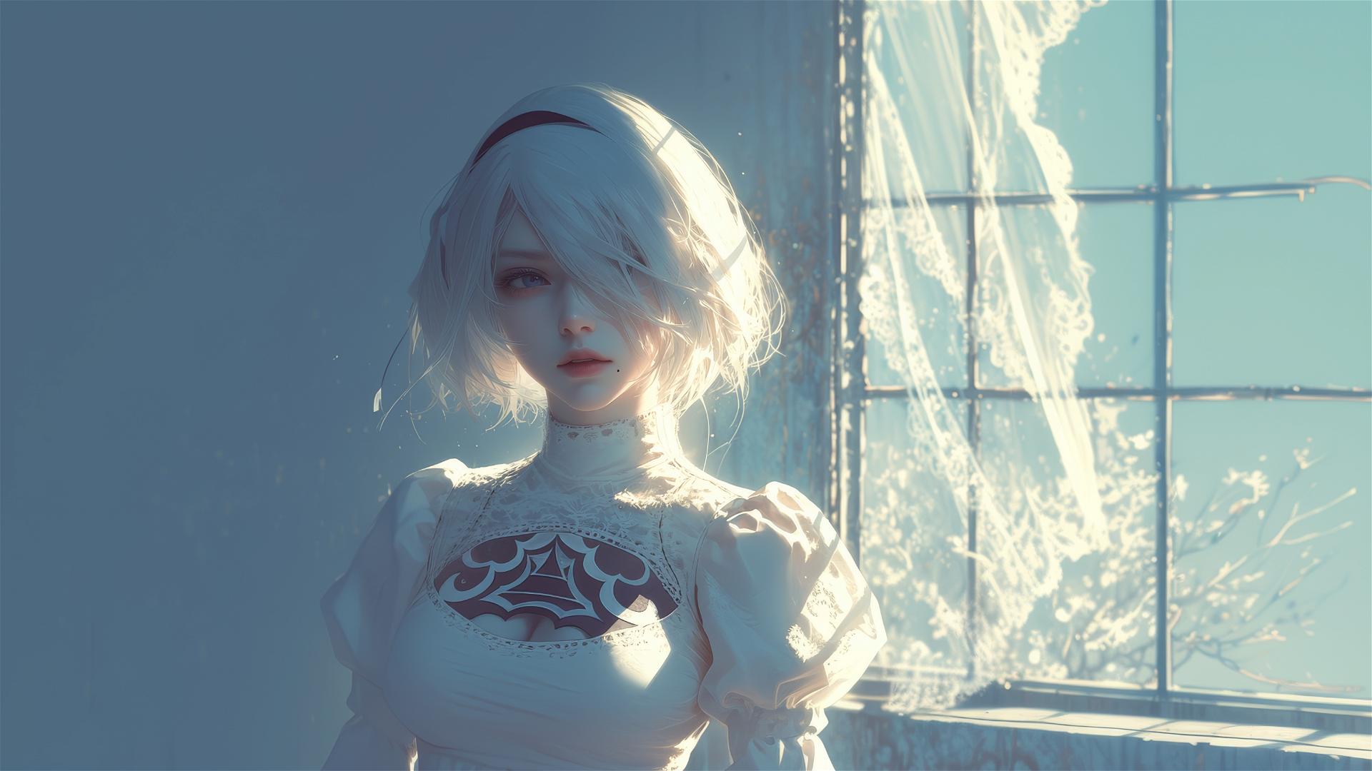 2B from Nier in modern silk pajamas by window at sunrise