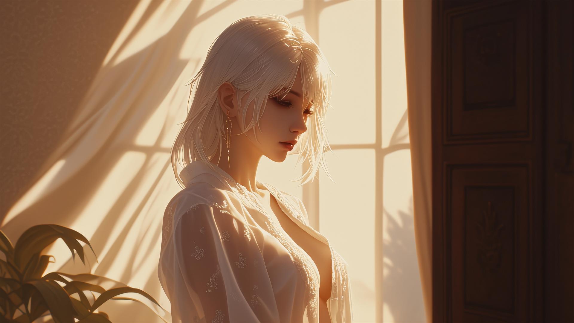 2B from Nier in white silk pajamas by a window at sunrise