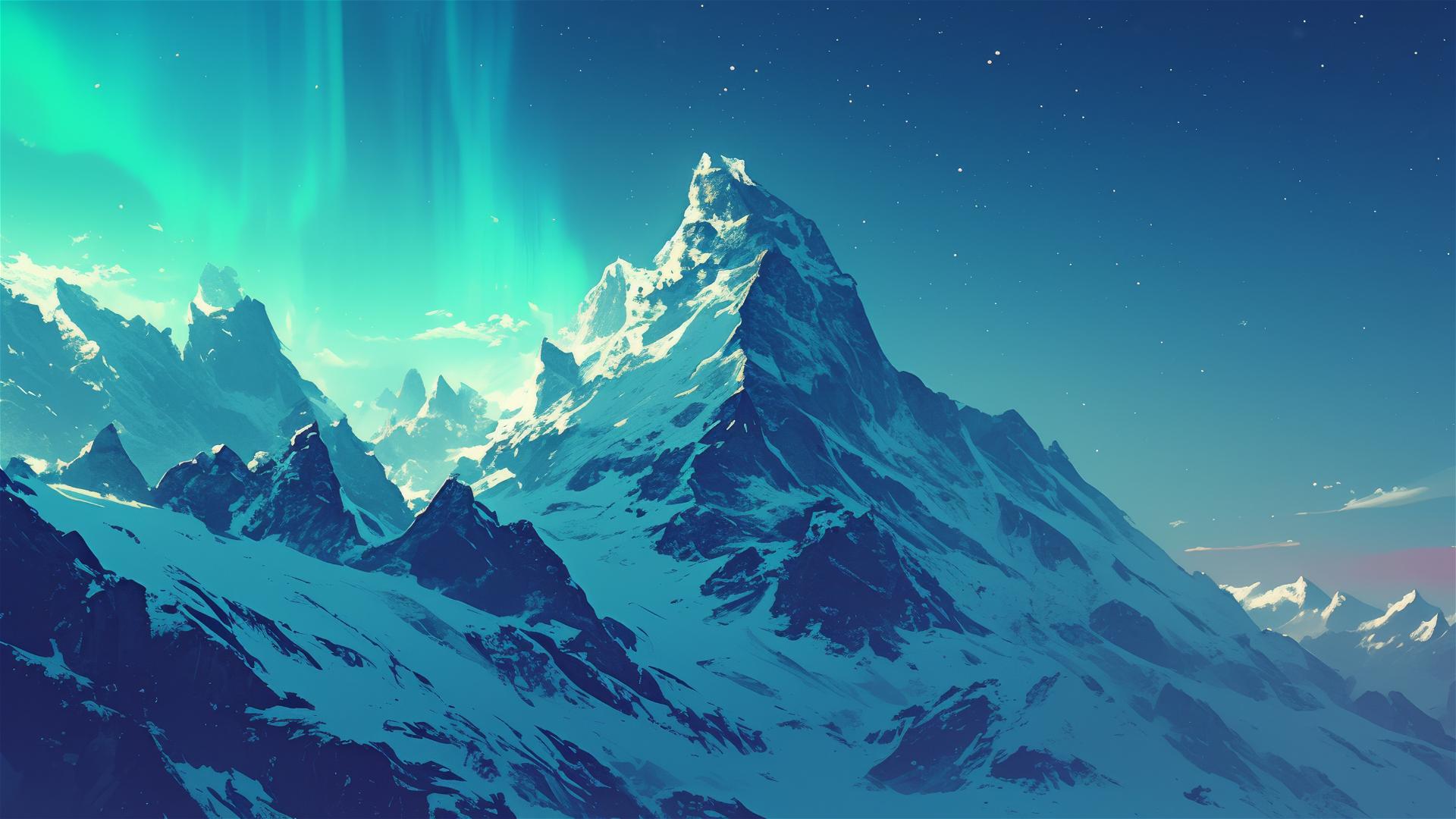 Snowy mountain peak with aurora borealis