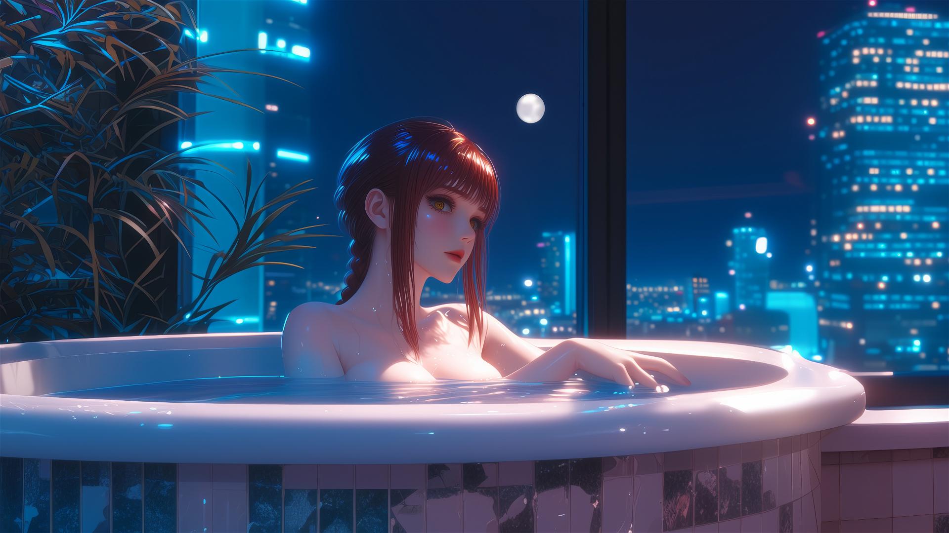 Makima from Chainsaw Man in a bathtub with moonlight glow