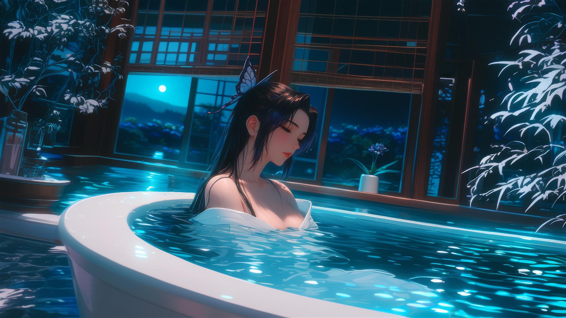 Shinobu Kocho resting in a tub with moonlight casting a glow