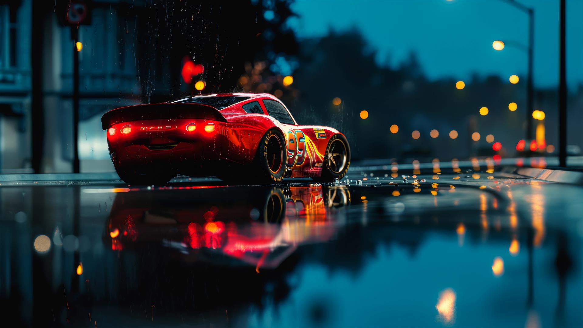 Close-up of Lightning McQueen from Harry Potter in Pixar style with spotlight