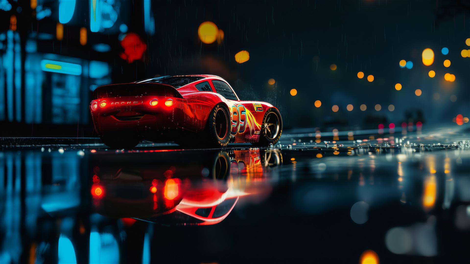 Rear close-up of Lightning McQueen from Harry Potter with spotlight effect on a dark background