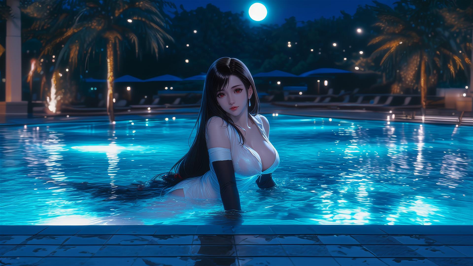 Tifa Lockhart in white silk pajamas resting by a swimming pool under moonlight.