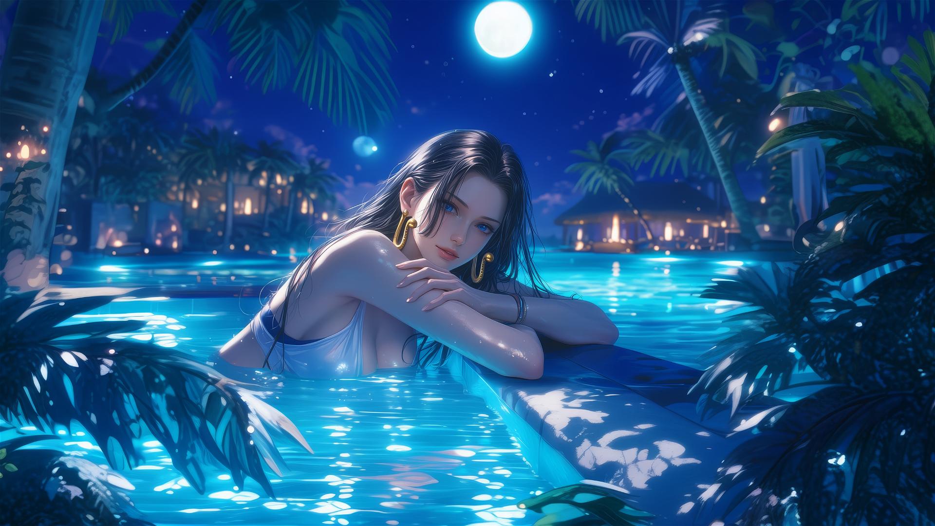 Boa Hancock from One Piece resting by a swimming pool under moonlight