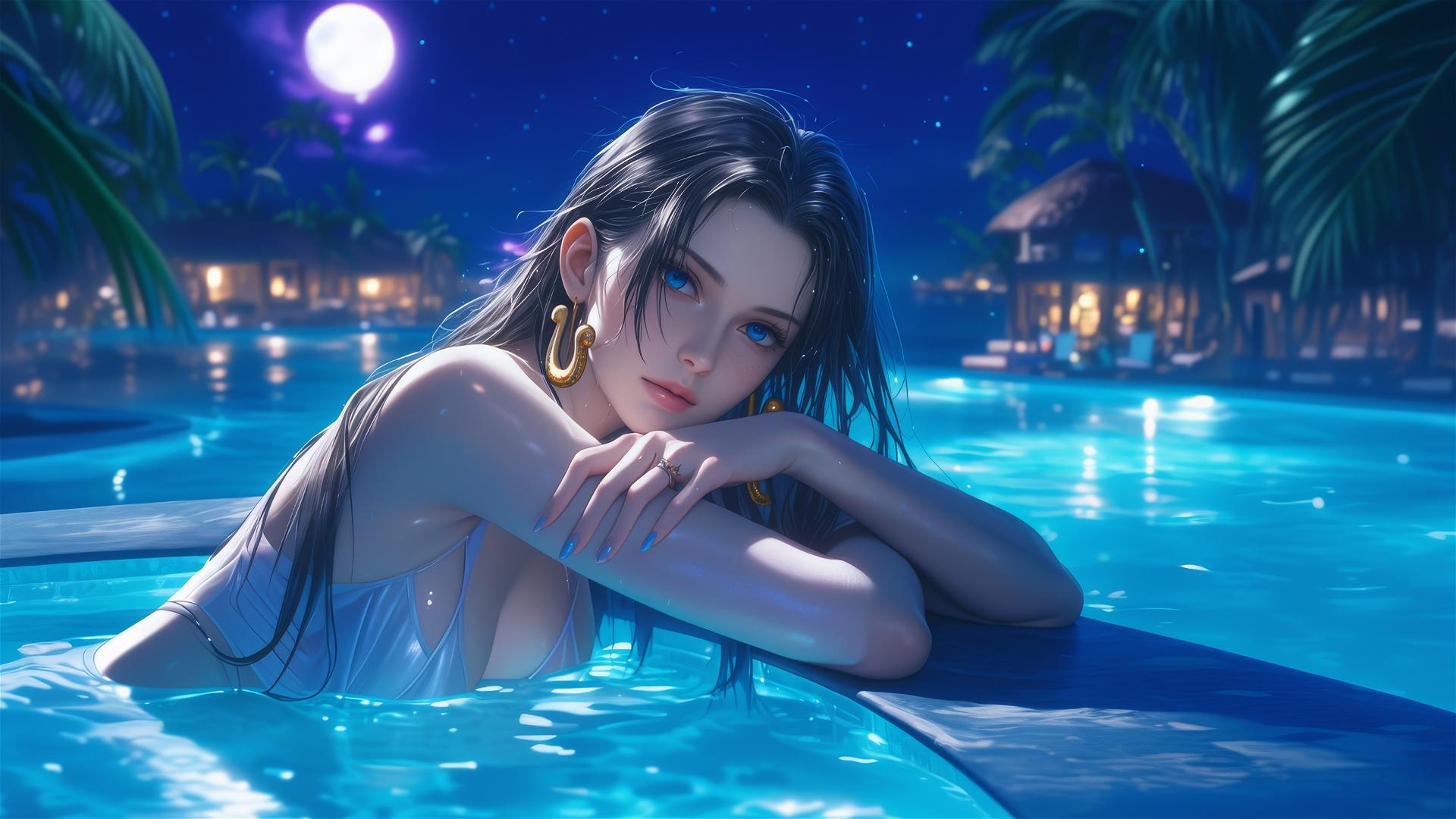 Boa Hancock resting by pool in moonlight