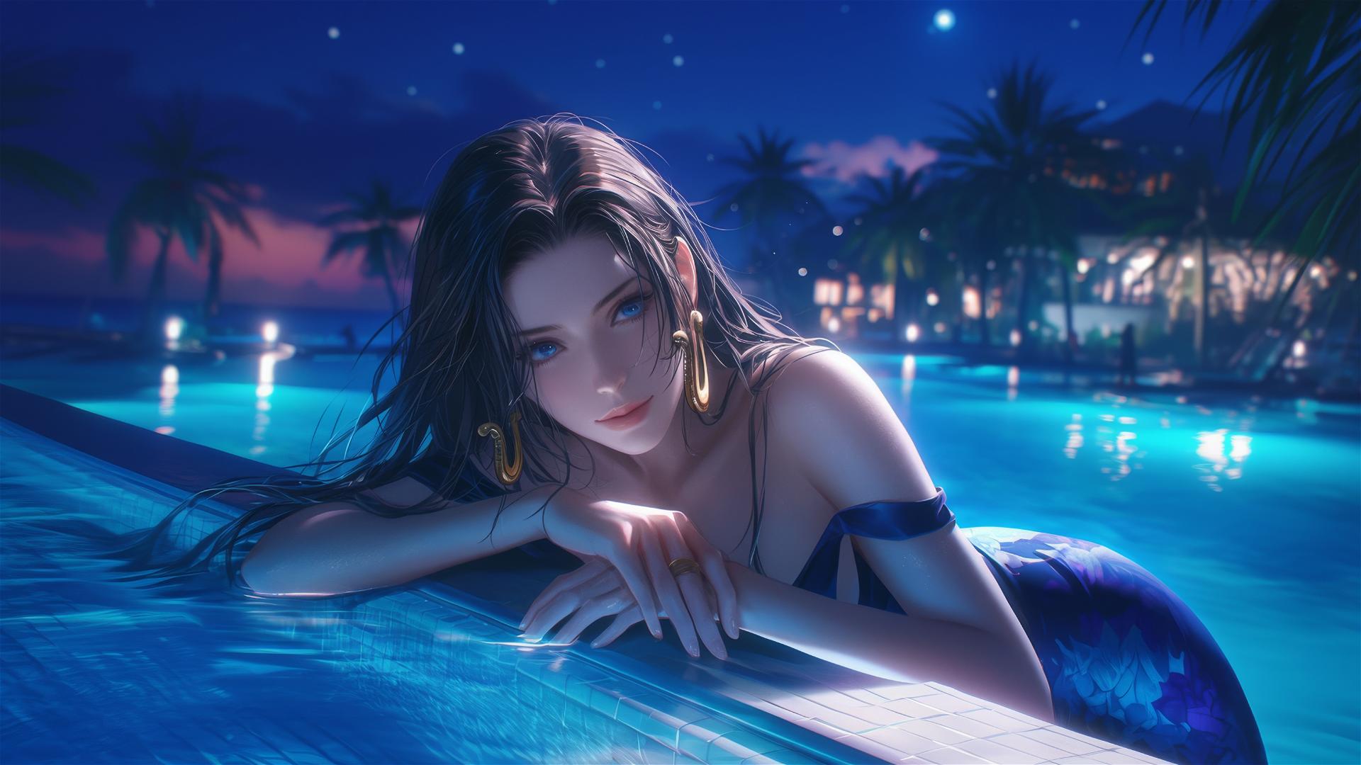 Boa Hancock from One Piece resting by a swimming pool in moonlight