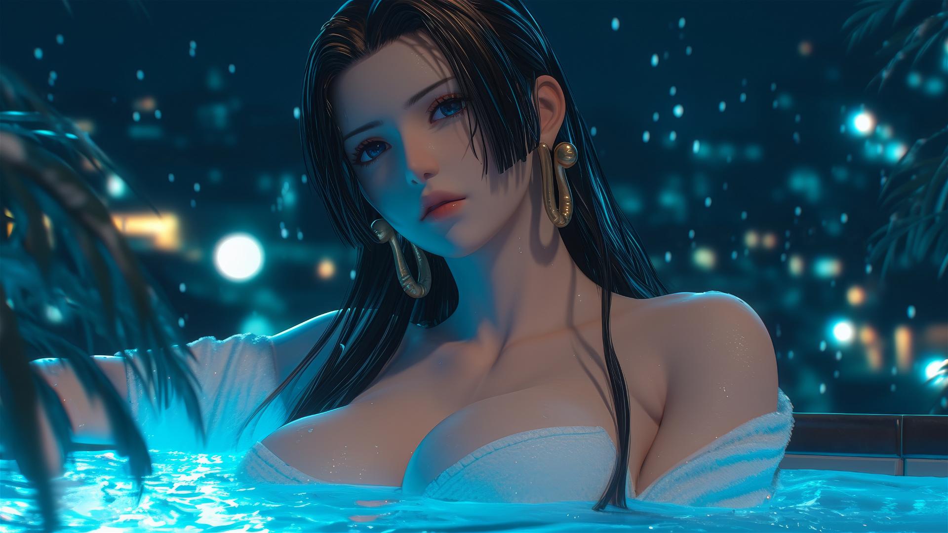 Boa Hancock from One Piece resting in a tub under moonlight.