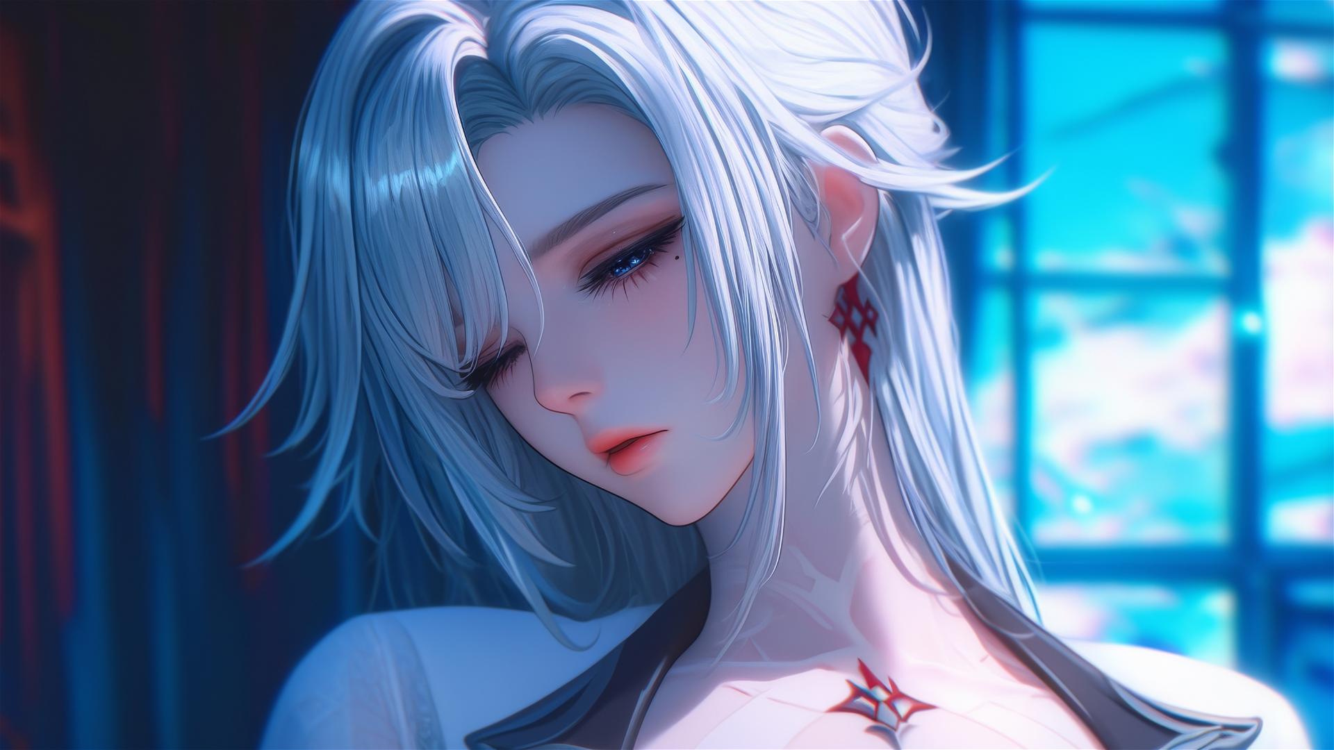Arlecchino with snow white hair and black streaks, resting in a modern hotel room under moonlight.