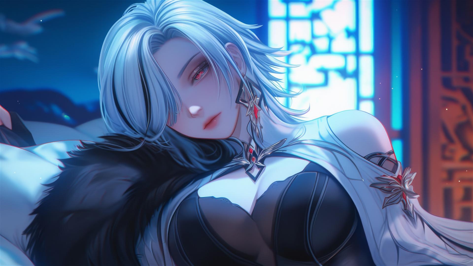Arlecchino from Genshin Impact with snow white hair, black streaks, red 'X'-shaped pupils, in a hotel room under moonlight