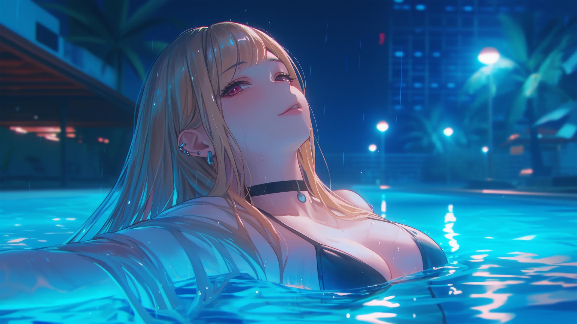 Marin Kitagawa resting at a rainy swimming pool under moonlight, pinkish eyes, blonde hair with colored tips.