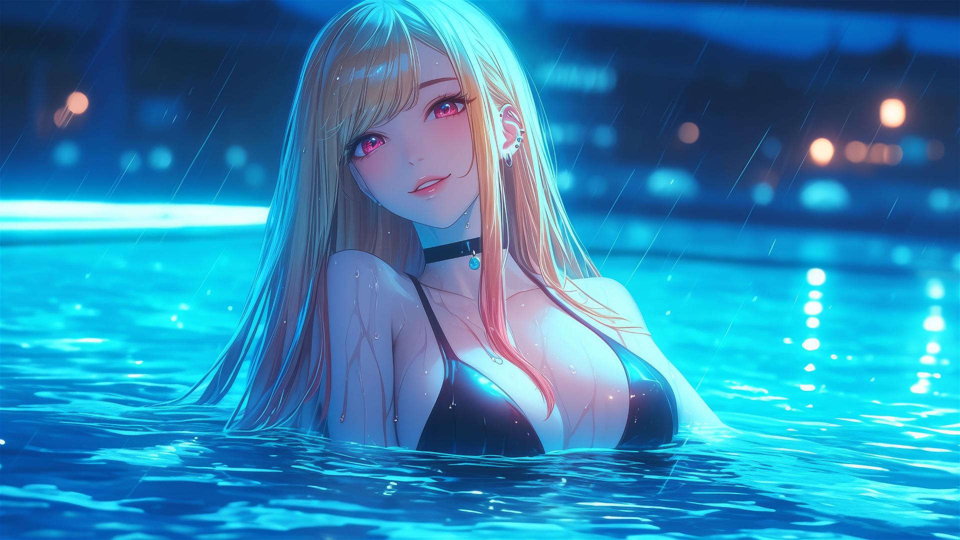 Marin Kitagawa lounging at a rainy pool, moonlight glow, blonde hair with pink-red tips