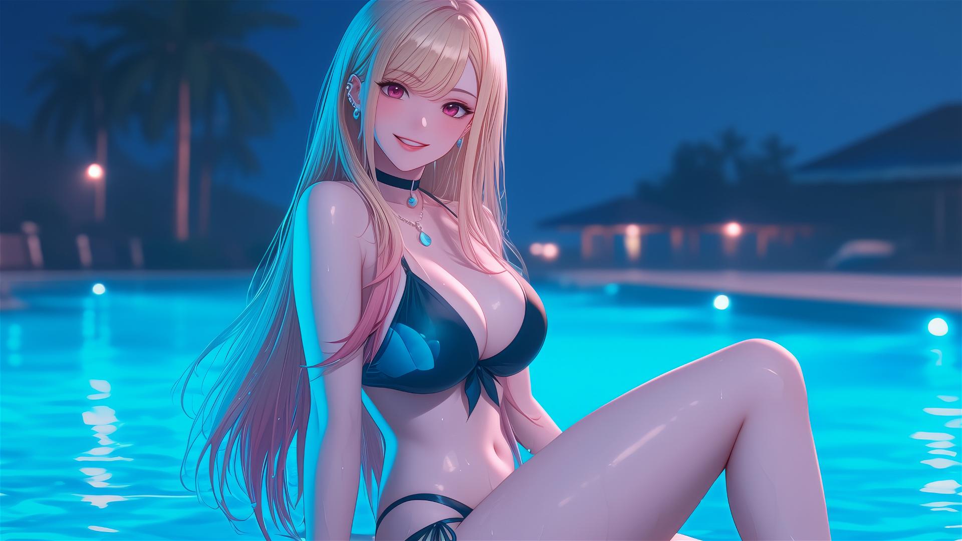 Marin Kitagawa sitting by a rainy pool under moonlight, blonde hair with pink tips, pink eyes.