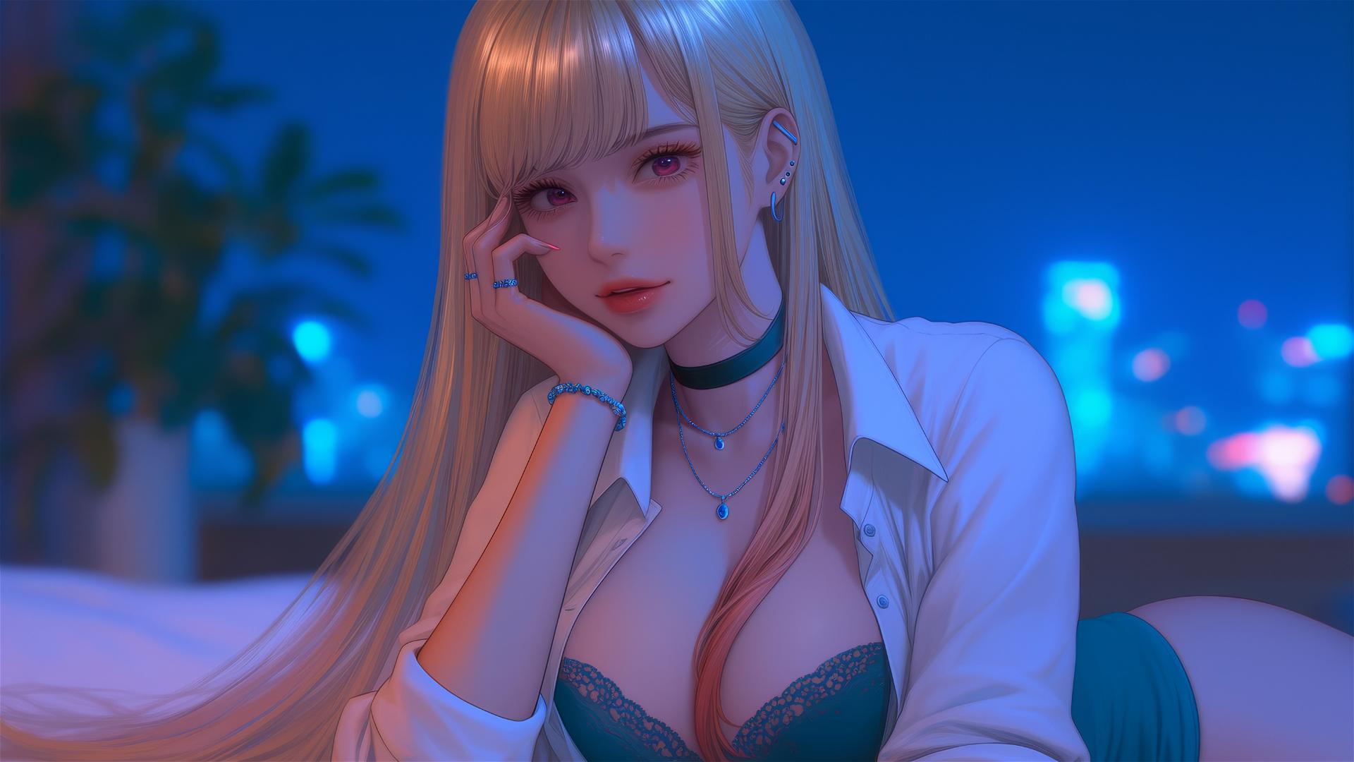 Marin Kitagawa sitting on a hotel bed with moonlight glow